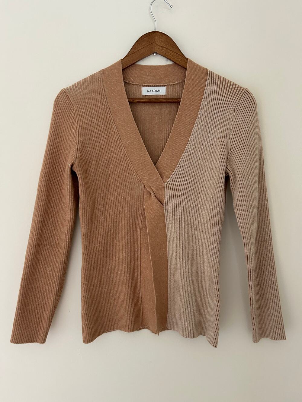 Naadam Ribbed Twist Front Sweater Cotton Cashmere Blend Tan Oatmeal Brown EUC S